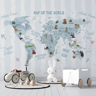 Ο χάρτης της γης με ζωάκια, Παιδικά, Ταπετσαρίες Τοίχου, 100 x 100 εκ. (53793)