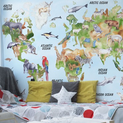 Map World Animals, Παιδικά, Ταπετσαρίες Τοίχου, 100 x 71 εκ.