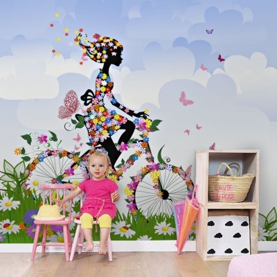 Κορίτσι με λουλούδια σε ποδήλατο, Παιδικά, Ταπετσαρίες Τοίχου, 100 x 100 εκ.
