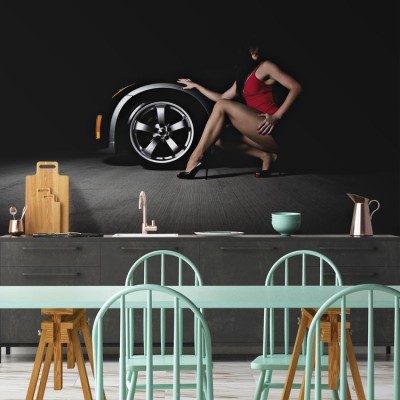 Αισθησιακή γυναίκα με σπορ αυτοκίνητο, Τεχνολογία - 3D, Ταπετσαρίες Τοίχου, 100 x 100 εκ.