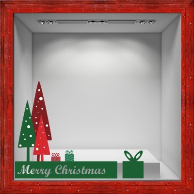 Merry Christmas red green trees Χριστουγεννιάτικα Αυτοκόλλητα βιτρίνας 70 x 86 cm (16352)