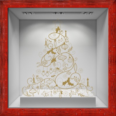 Χαρούμενο στολισμένο Δέντρο Χριστουγεννιάτικα Αυτοκόλλητα βιτρίνας 100 x 90 cm (6037)