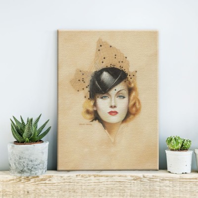 Pin up γυναίκα με καπέλο από τούλι Vintage Πίνακες σε καμβά 60 x 45 cm (10397)