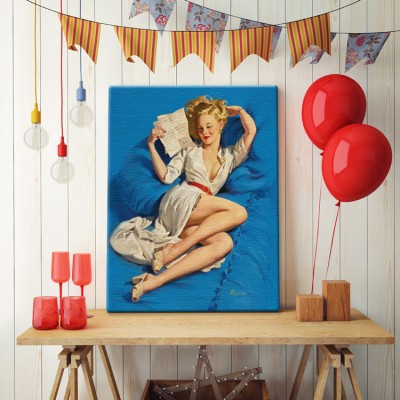 Pin up γυναίκα ξαπλωμένη σε μπλε φόντο Vintage Πίνακες σε καμβά 56 x 45 cm