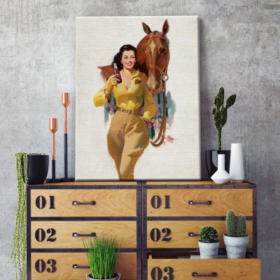 Pin up γυναίκα με άλογο Vintage Πίνακες σε καμβά 56 x 45 cm