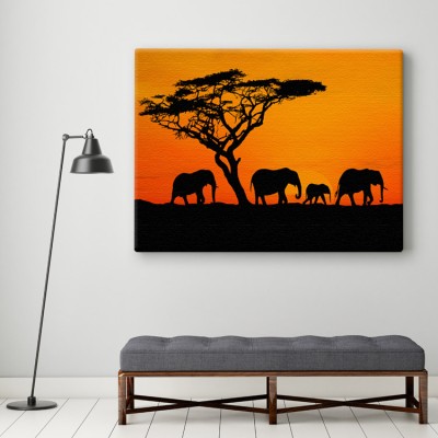Ελέφαντες στο ηλιοβασίλεμα Ζώα Πίνακες σε καμβά 45 x 60 cm (12717)