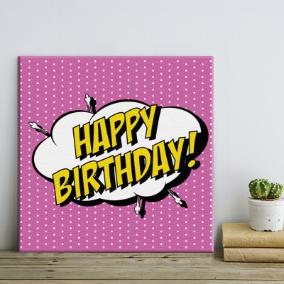 Χαρούμενα γενέθλια σε ροζ πουά φόντο Κόμικς Πίνακες σε καμβά 50 x 50 cm (12599)