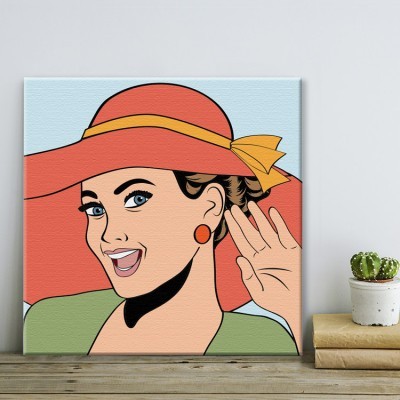 Retro όμορφη γυναίκα με κόκκινο καπέλο Κόμικς Πίνακες σε καμβά 50 x 50 cm (12596)