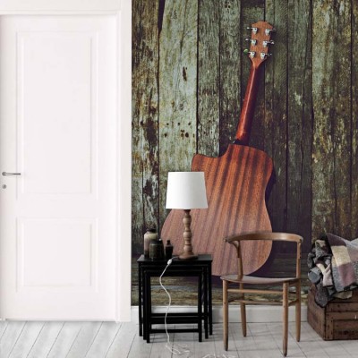 Κλασική κιθάρα σε φόντο ξύλινες τάβλες Διάφορα Ταπετσαρίες Τοίχου 118 x 90 cm (21890)