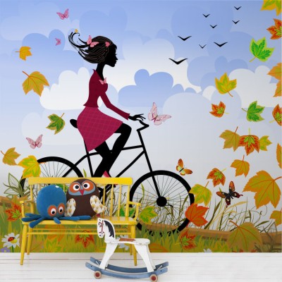 Κορίτσι σε ποδήλατο στη φύση Παιδικά Ταπετσαρίες Τοίχου 100 x 100 cm (20711)