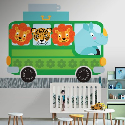 Πράσινο λεωφορείο με ζώα Παιδικά Ταπετσαρίες Τοίχου 91 x 111 cm (20441)